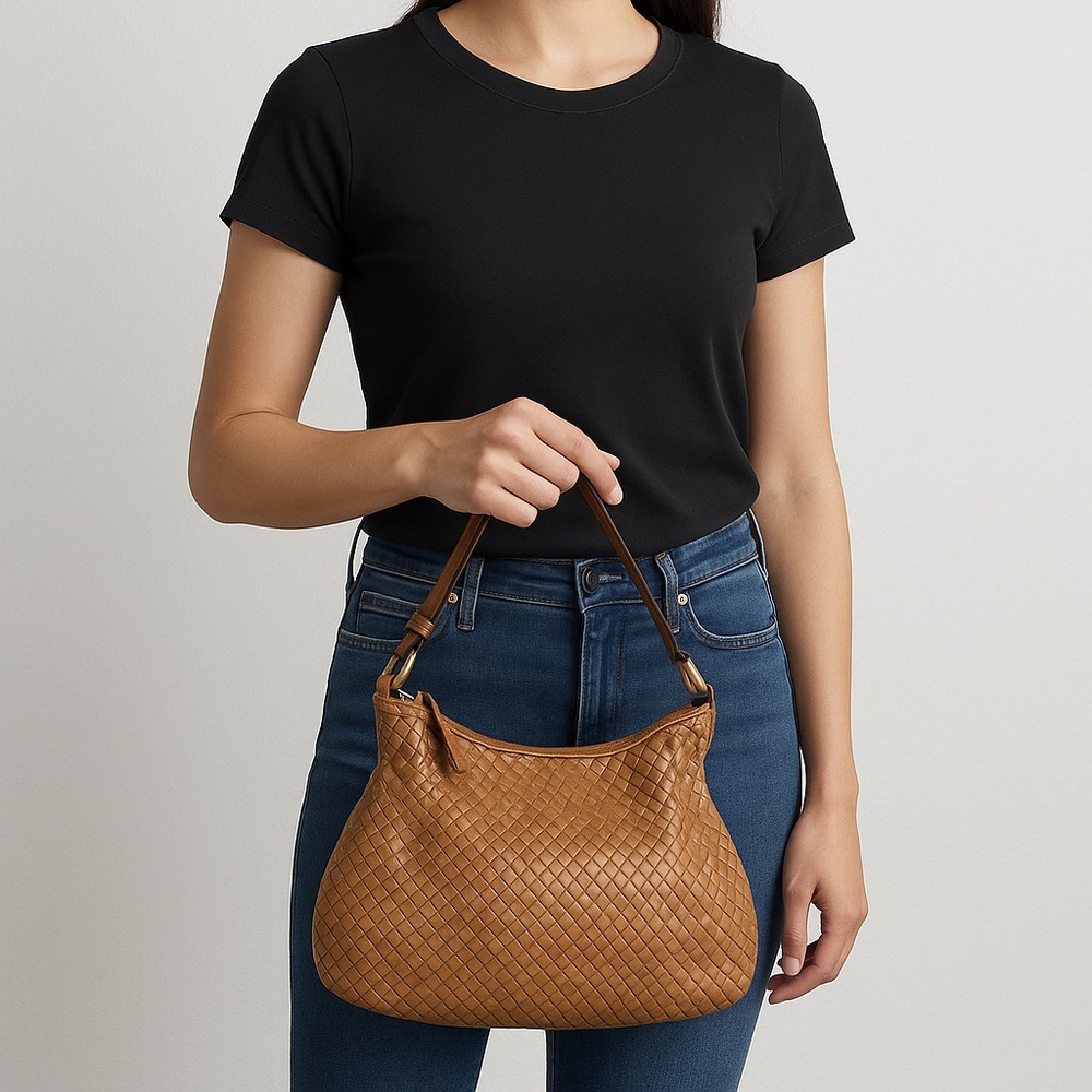 Cole Haan Woven Leather Shoulder Bag Tan Brown Hobo Purse